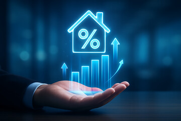 A business professional's hand is holding a glowing holographic house with an arrow chart representing an increase in real estate interest rates and property values