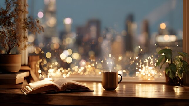 Cozy evening scene by window with steaming coffee, open book, and warm candles overlooking blurred city lights at night.
