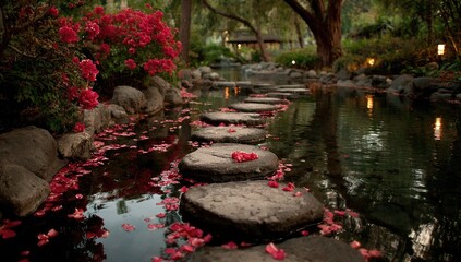 Tranquil stepping stones path across a calm pond, surrounded by lush greenery and scattered red petals