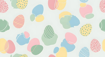 A delightful Easter-themed background featuring a repeating pattern of pastel-colored Easter eggs and abstract shapes on a light background.