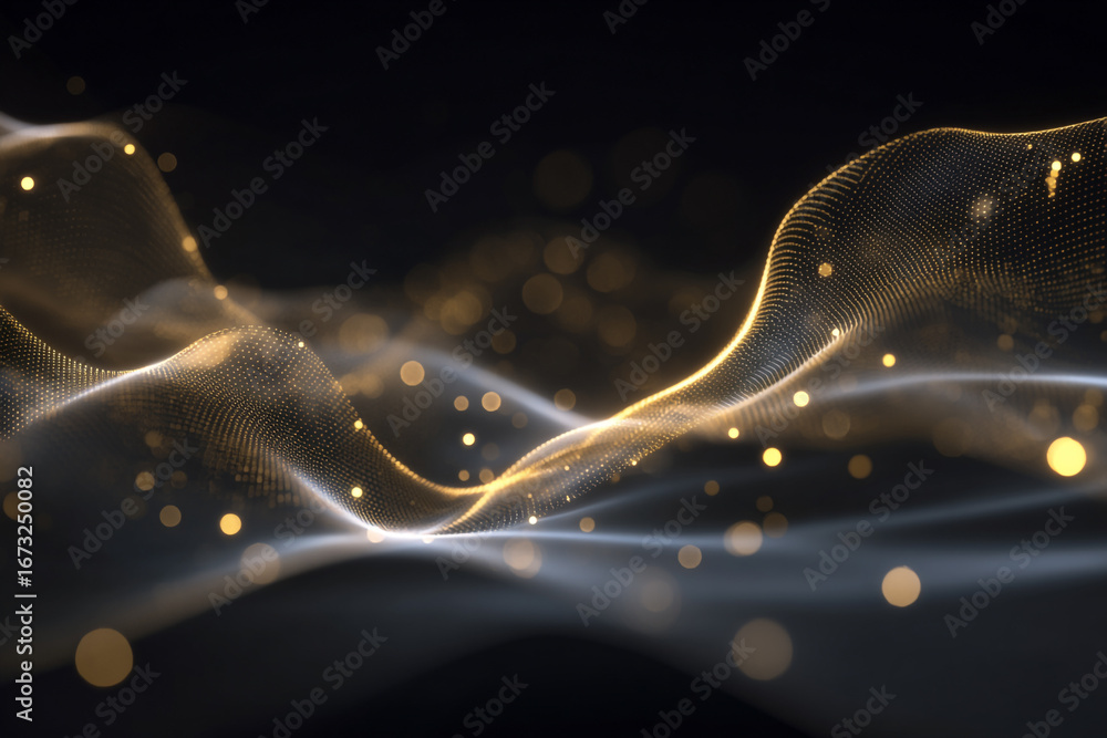 Poster abstract golden particles flowing in dark space creating elegant wave design