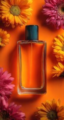 Clear glass perfume bottle surrounded by orange and pink flowers on an orange background