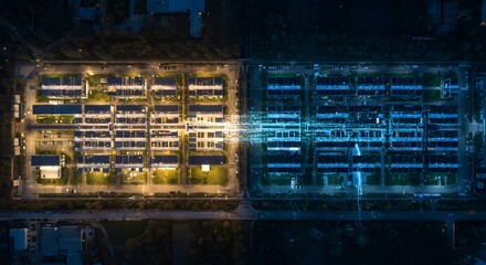 Aerial View of Urban Smart City Digital Transformation and Data Flow