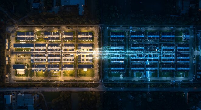 Aerial View of Urban Smart City Digital Transformation and Data Flow