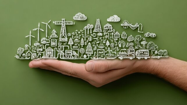 Hand holding networked environmental icons on a green background symbolizing technology, renewable resources, and sustainable energy connectivity - Powered by Adobe