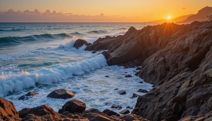 Obraz premium Sunset on a Rugged Coast: Waves Smashing Against Rugged Rocks