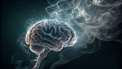 Obraz premium Human Brain Surrounded by Abstract Smoke Illustrating Mental Processes and Neuroscientific Research and Advancements in Cognitive Abilities