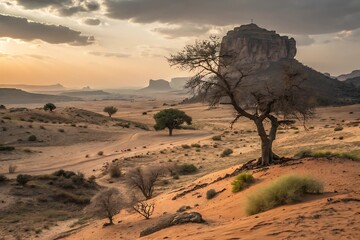 Naklejka premium Vast Desert Landscape at Sunset with Dramatic Clouds and Silhouetted Trees and Rock Formations image