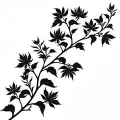 Botanical illustration silhouette of blooming honeysuckle vine with intricate leaves and flowers. Black and white design element, perfect for floral graphic art, invitations, or botanical prints.