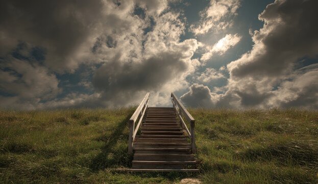 Wooden stairs ascend grassy hill to dramatic sky