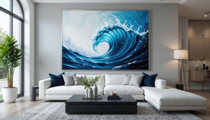 Abstract Wave Painting in Blue and Black in a Contemporary Living Space