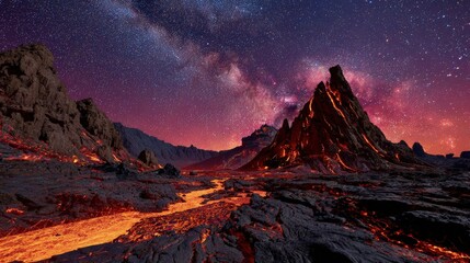 Glowing Lava River At Night With Starry Sky
