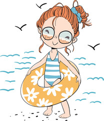 Hello summer. Cute girl on the beach with a lifebuoy. 