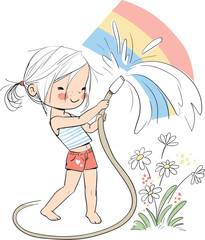 Summer theme. Girl with a rainbow.