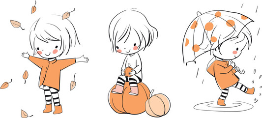 Autumn theme. Cute girls with umbrella and pumpkins.
