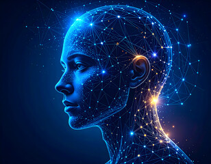 Abstract digital portrait of a woman's head, glowing network connections.