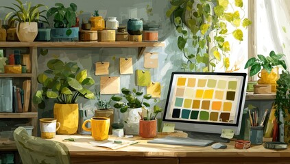 Sunlit workspace with plants, computer, and art supplies (1)