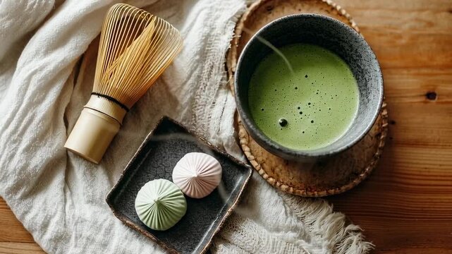 A minimalist Japanese tea ritual with matcha bowl and bamboo whisk on tatami floor, soft natural light from shoji window