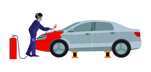 Man in protection uniform paints the car with spray gun. Car painting service. White background.eps
