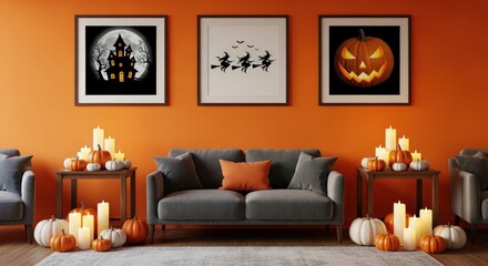 Stunning Halloween decor featuring pumpkins, candles, and spooky artwork on orange wall