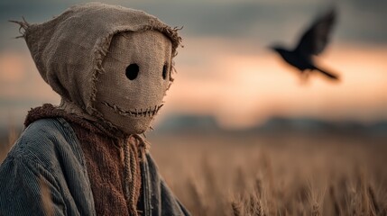 a scary scarecrow with a stitched burlap face and hollow eyes