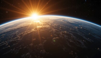 Beautiful space perspective of Earth as the sun rises, illuminating the sky and seas with golden rays.  Observe how the atmosphere of our planet curves against the universe's blackness.  From a global