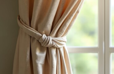 Elegant beige curtain tied with simple knot. Soft fabric texture in warm, natural light. Cosy home interior design, window drapery with layered style. Serene ambience, clean modern furnishing.
