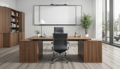Modern workstation chair table wood contemporary style luxury executive office furniture desk design interior | blank png screen ideal for customized branding
