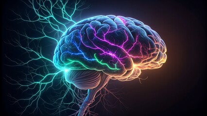 Human Brain with Glowing Neural Pathways and Intricate Network for Science and Medical Concepts Depicting Intelligence and Neurological Research
