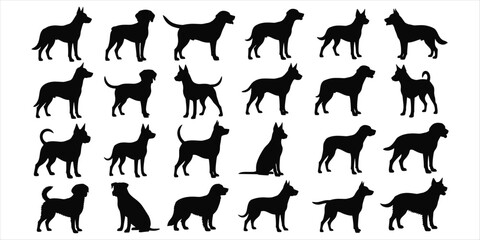 Assortment of dog silhouettes showcasing different breeds and stances on white canine