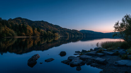 A serene and cool gradient inspired by a quiet lake at autumn twilight. The colors move from a soft, icy blue to a deep, reflective charcoal, offering a calm and contemplative aesthetic.