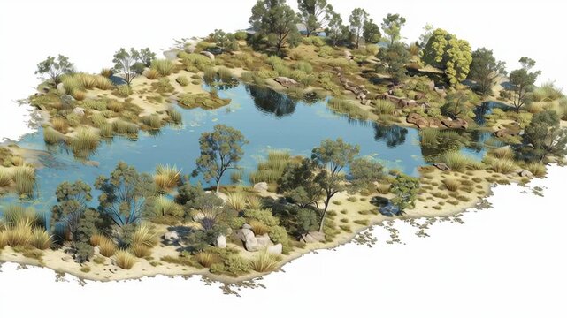Wetland ecosystem featuring water body with trees, shrubs, grass, rocks, and pond, showcasing natural habitat, biodiversity, and species distribution in serene, calm environment