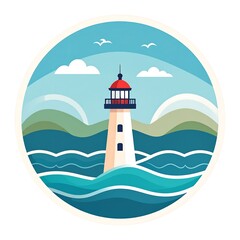 Nautical Beacon: A Stylish Lighthouse Illustration Embodying Coastal Serenity, A Minimalist Lighthouse Scene Set Amidst a Serene Seascape