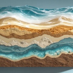 Obraz premium Cross-section view of layered earth, water, and sand. Ocean waves cresting over light-brown sand, layered strata of varying shades of tan and beige sand, and light-blue water