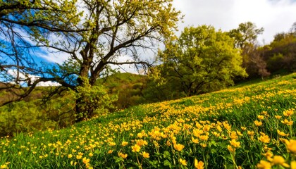 Vibrant meadow of buttercups under the watchful eye of verdant trees