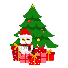 Adorable Snow Owl Wearing a Santa Hat and a Scarf Stands in front of a Christmas Tree Surrounded by Presents, a Festive Holiday Celebration. Animal in Santa Claus Costume. Animal in Christmas Theme.