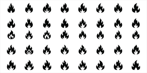 Collection of black fire flame icons on a white background symbol heat