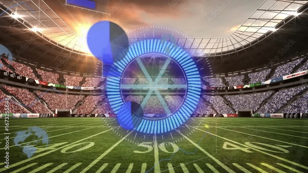 Poster animation of scope and data processing over sports stadium