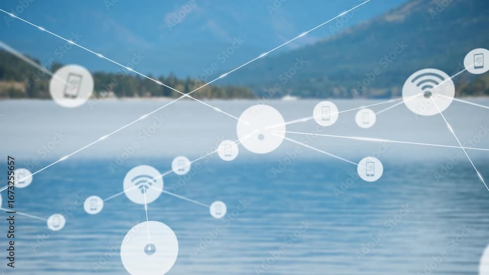 Poster animation of network of connections with icons over landscape