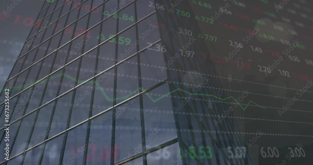 Poster animation of stock market data processing against tall building