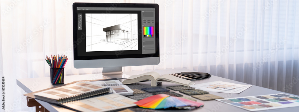 Poster interior designer workspace table and architecture software on laptop screen with mood board materia
