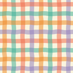 Seamless abstract pattern of multicolored wavy checkered stripes on light background, watercolor effect; simple hand-drawn vector illustration, drawing, flat style