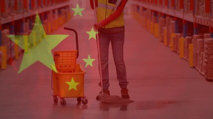 Animation of flag of china over african american female worker in warehouse - Powered by Adobe