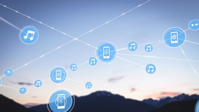Animation of network of connections with icons over landscape