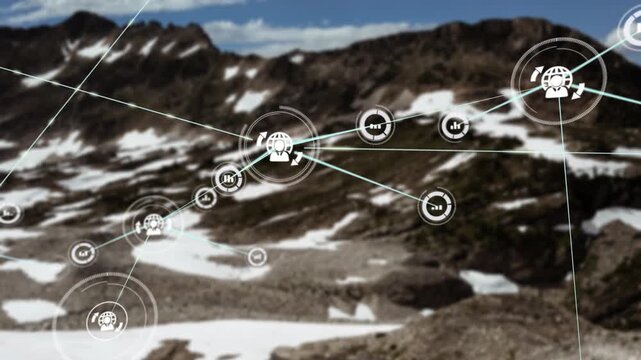 Animation of network of connections with icons over landscape