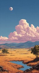 Fototapeta premium Serene landscape, pale moon, cumulus clouds over golden plains, calm river
