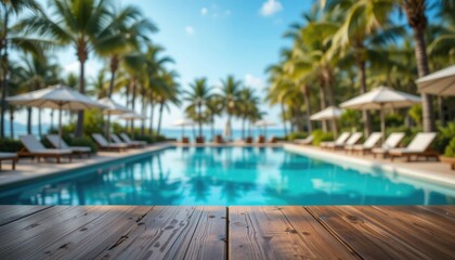 A wooden table is empty in front of a swimming pool that is blurry.  The atmosphere of a tropical resort is created by palm trees, lounge chairs, and umbrellas.  Ideal for promoting goods or ideas rel