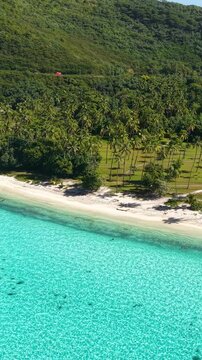 Vertical Drone Shot of Moorea Island, French Polynesia. Public Beach, Green Volcanic Hills and Luxury Beachfront Villas