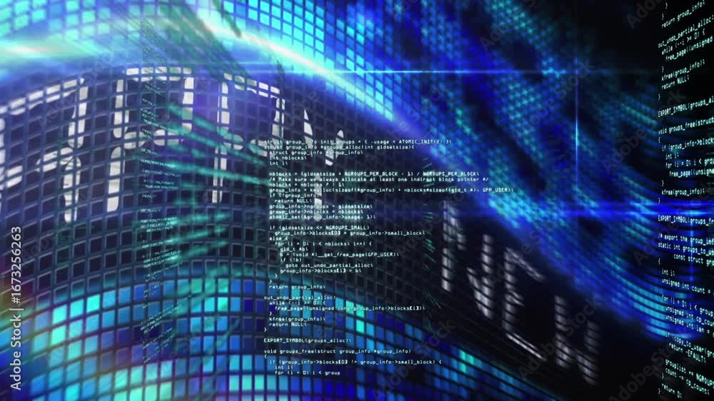 Poster animation of data processing over happy new year text banner over blue mosaic squares