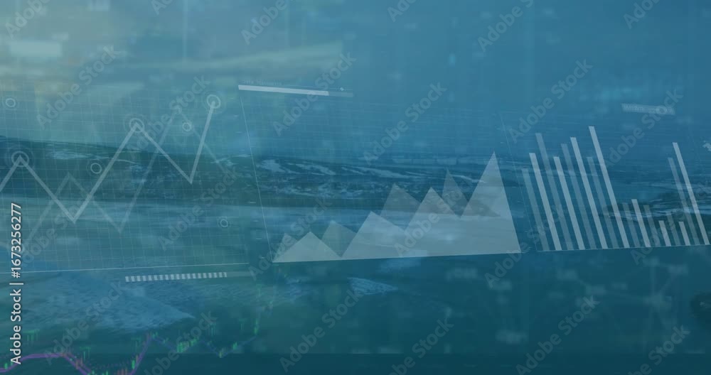 Poster animation of statistical data processing over aerial view of landscape with sea and mountains